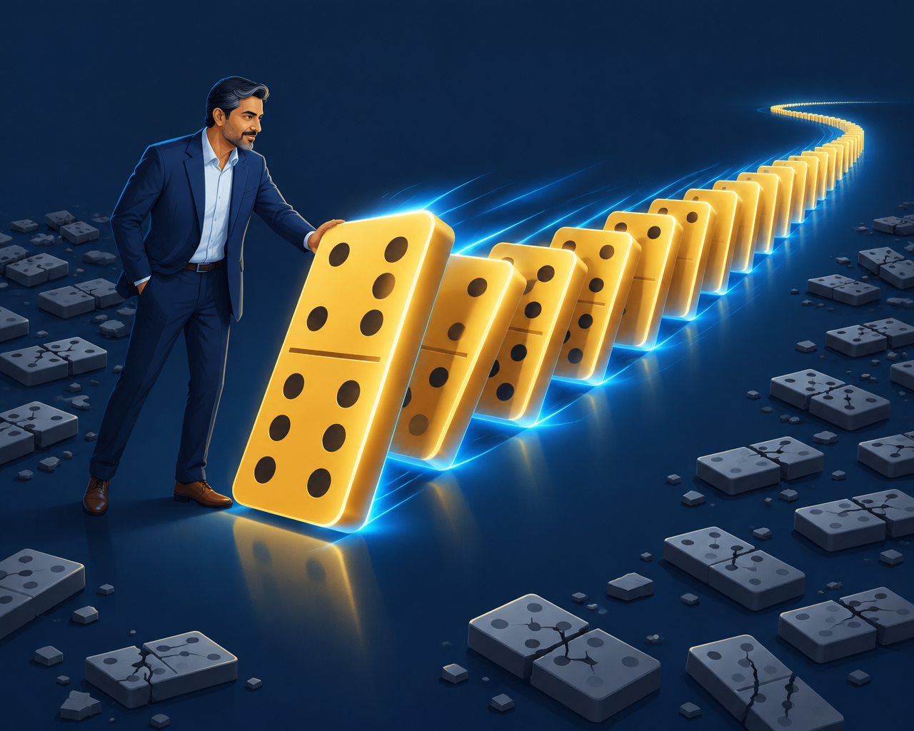 A man in his 40s tipping one large golden domino that sets a chain of glowing dominoes in motion, unused grey dominoes scattered around