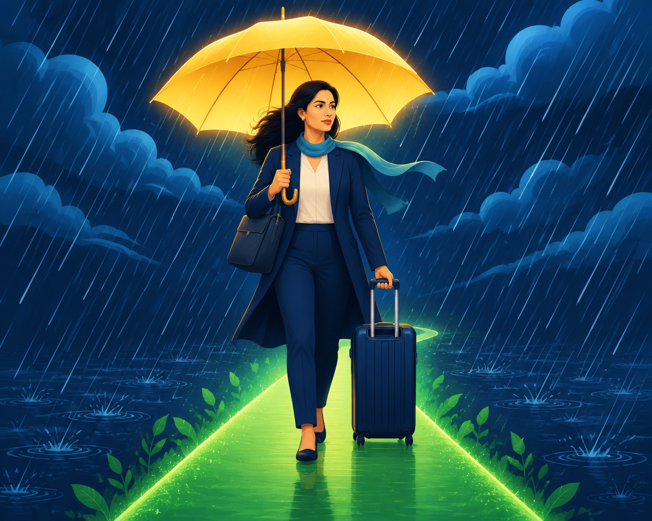 A woman in her late 30s walking steadily through heavy rain with a glowing golden umbrella, carrying a work bag and travel suitcase