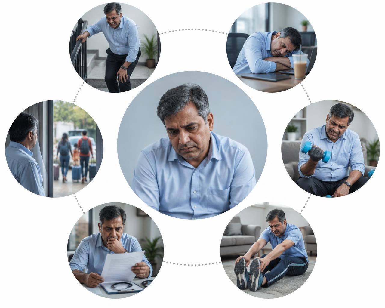 The same man, now downcast at the centre of a circle, surrounded by scenes of him struggling — climbing stairs with knee pain, asleep at his desk, failing to lift a dumbbell, unable to stretch, reading a medical report, and watching his family leave on a trip without him