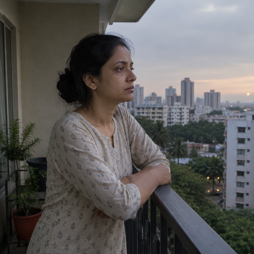 A slim woman in her late 30s leaning on her balcony railing at dusk with her arms crossed, her face dull and tired