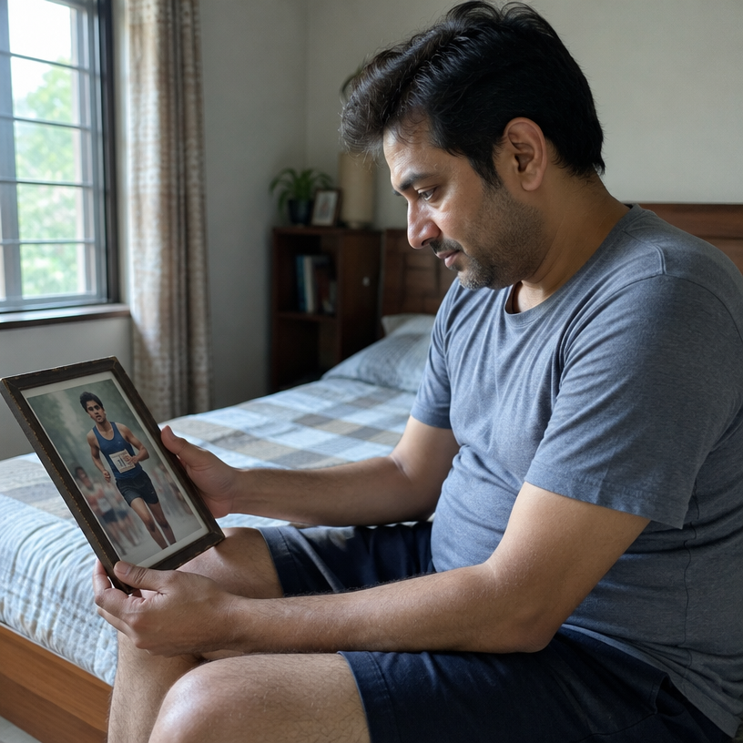 A slim man on the edge of his bed holding an old framed photo of his younger fit self at a marathon, wistful in the morning light