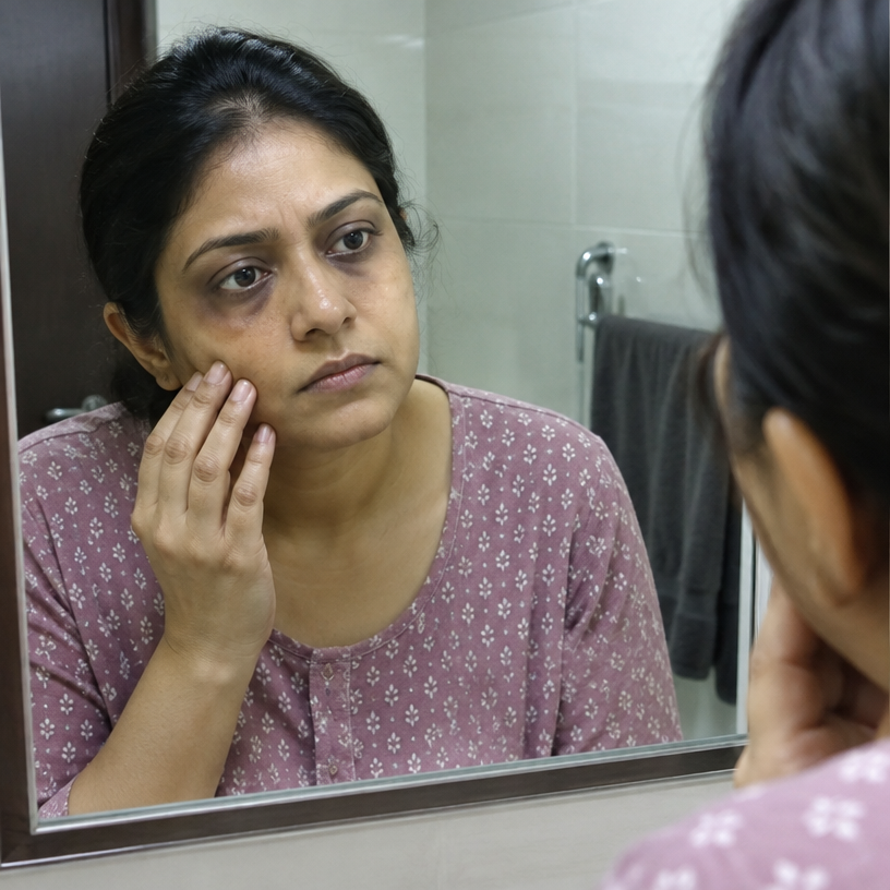 A woman in her early 40s studying her tired, dull face with dark circles in the bathroom mirror, touching her cheek