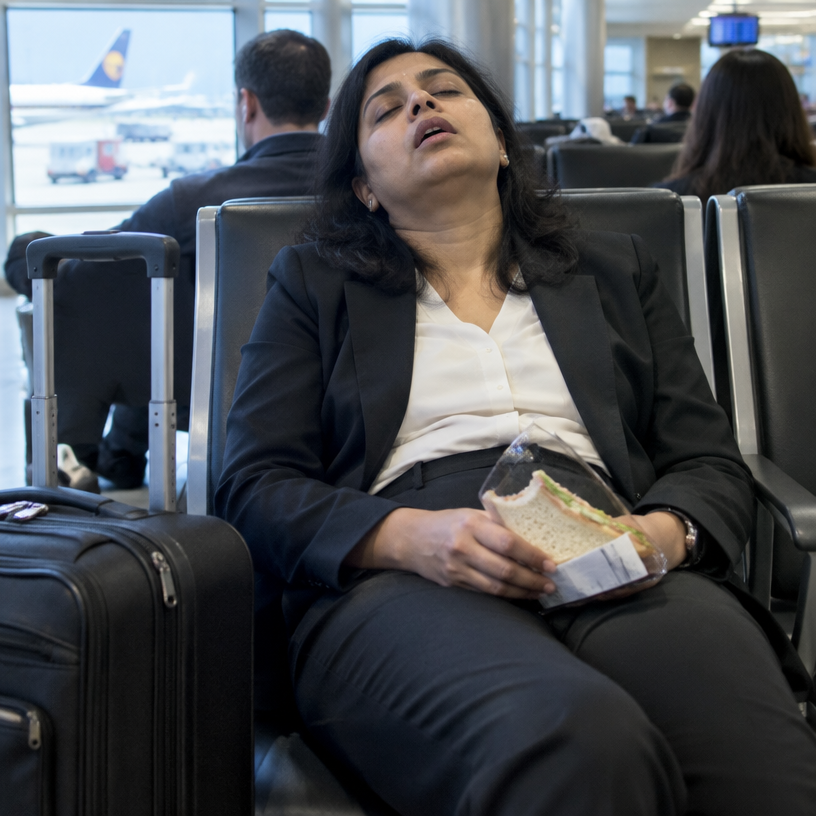 A tired woman in business attire dozing upright in an airport lounge chair, her suitcase and a half-eaten sandwich beside her