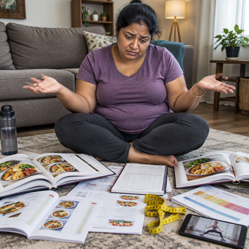 An overweight woman sitting cross-legged on her living-room floor surrounded by open diet books, meal plans and a measuring tape, shrugging in confusion
