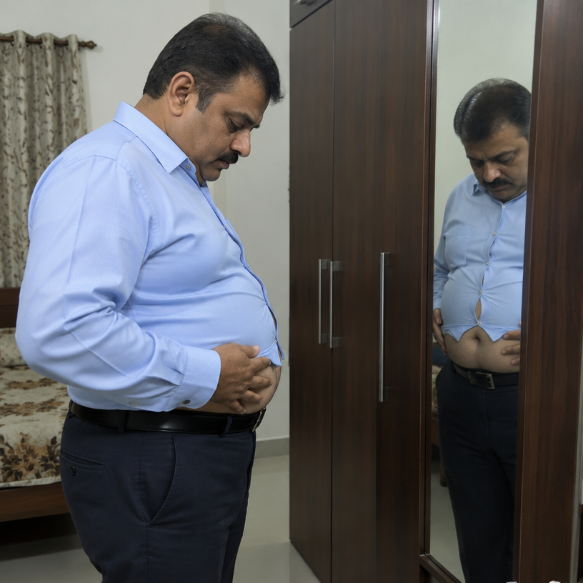 An overweight man at his wardrobe mirror lifting his formal shirt and looking down at his belly, the buttons straining
